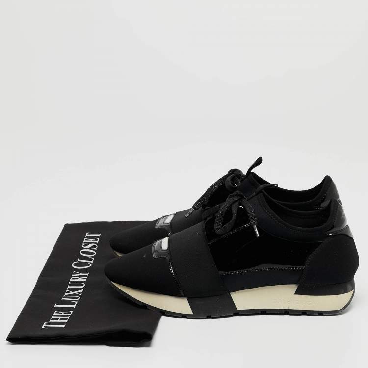 Pre Owned Balenciaga Black Patent Leather and Fabric Race Runner Sneakers Size 37