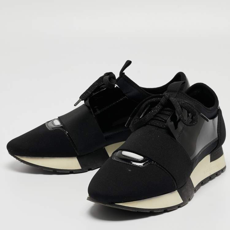 Pre Owned Balenciaga Black Patent Leather and Fabric Race Runner Sneakers Size 37