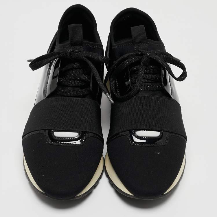 Pre Owned Balenciaga Black Patent Leather and Fabric Race Runner Sneakers Size 37