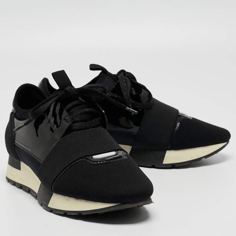 Pre Owned Balenciaga Black Patent Leather and Fabric Race Runner Sneakers Size 37