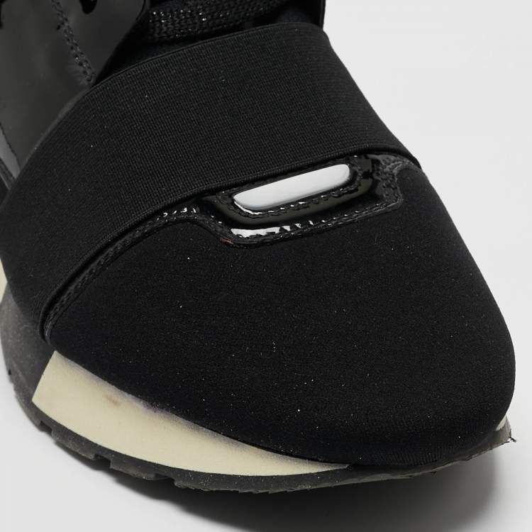 Pre Owned Balenciaga Black Patent Leather and Fabric Race Runner Sneakers Size 37