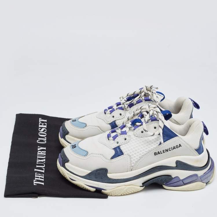Pre Owned Balenciaga White/Blue Nubuck Leather and Mesh Triple S Sneakers Size 38