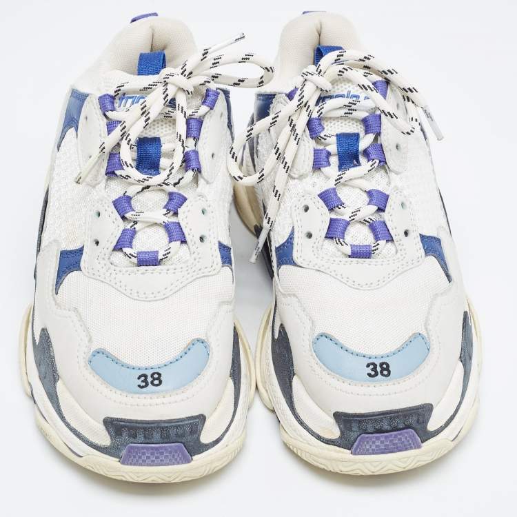 Pre Owned Balenciaga White/Blue Nubuck Leather and Mesh Triple S Sneakers Size 38