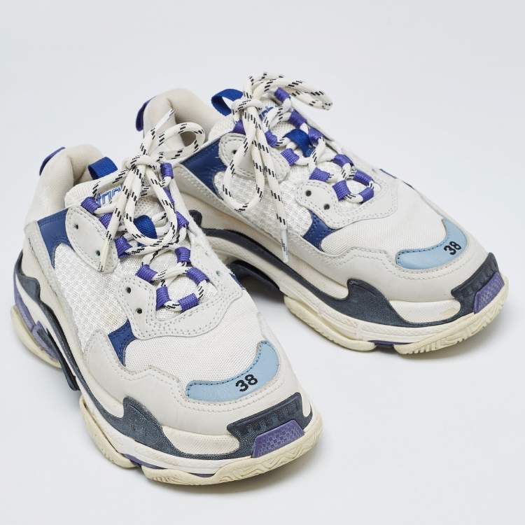 Pre Owned Balenciaga White/Blue Nubuck Leather and Mesh Triple S Sneakers Size 38
