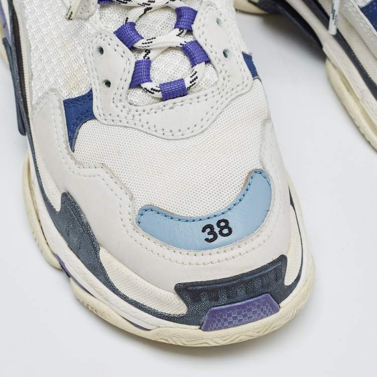 Pre Owned Balenciaga White/Blue Nubuck Leather and Mesh Triple S Sneakers Size 38