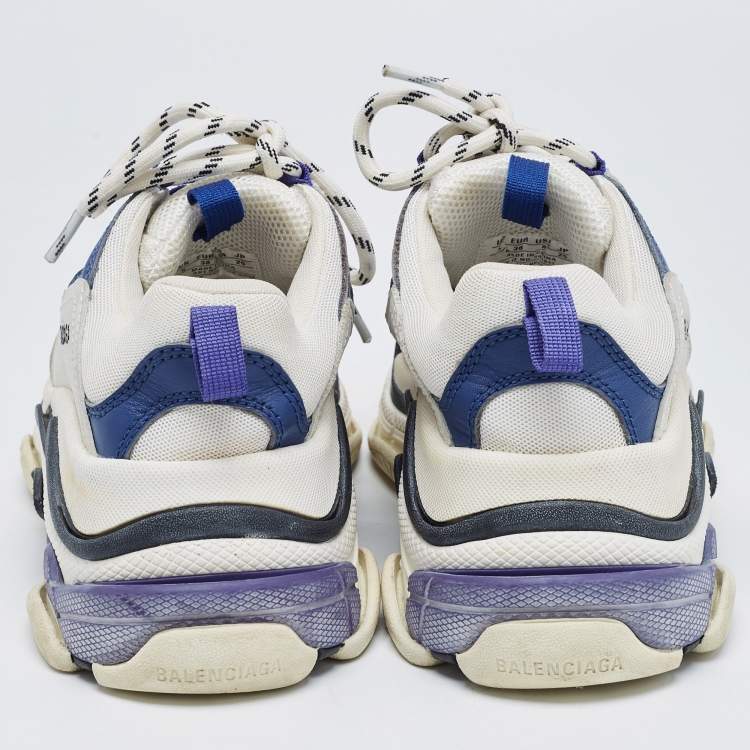 Pre Owned Balenciaga White/Blue Nubuck Leather and Mesh Triple S Sneakers Size 38