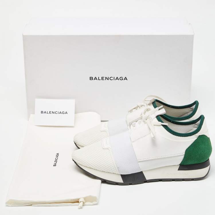 Pre Owned Balenciaga White/Green Leather and Mesh Race Runner Sneakers Size 39