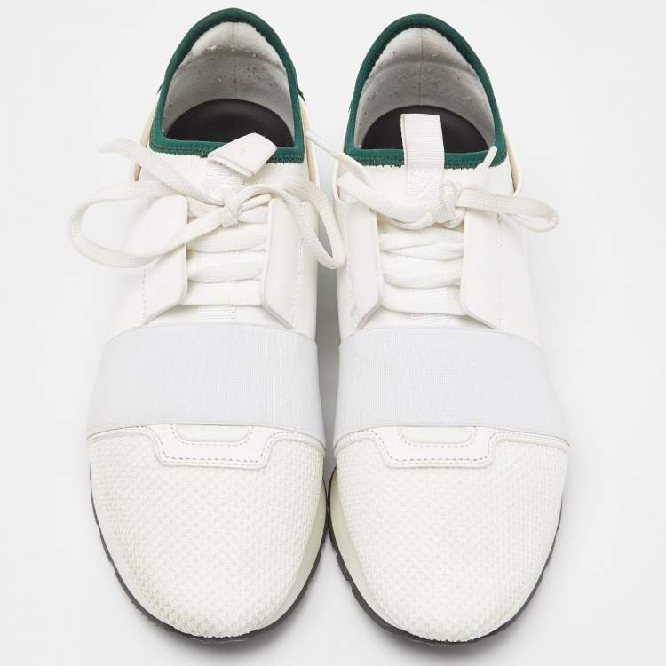 Pre Owned Balenciaga White/Green Leather and Mesh Race Runner Sneakers Size 39