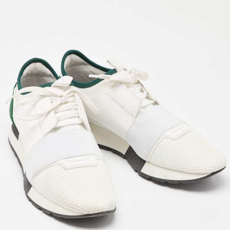 Pre Owned Balenciaga White/Green Leather and Mesh Race Runner Sneakers Size 39