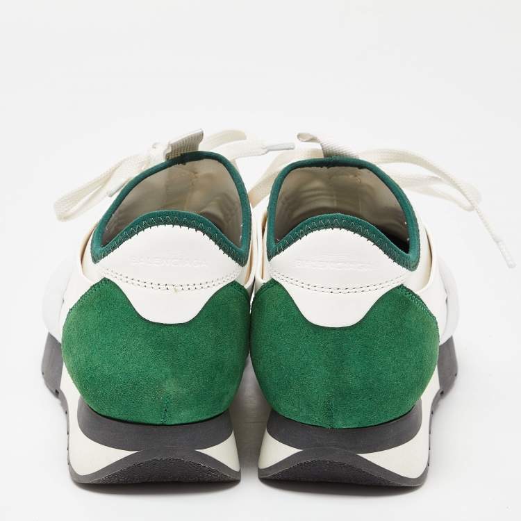 Pre Owned Balenciaga White/Green Leather and Mesh Race Runner Sneakers Size 39