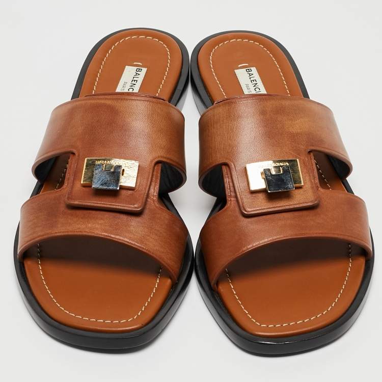 Pre Owned Balenciaga Brown Leather Flip Lock Flat Slides Size 41