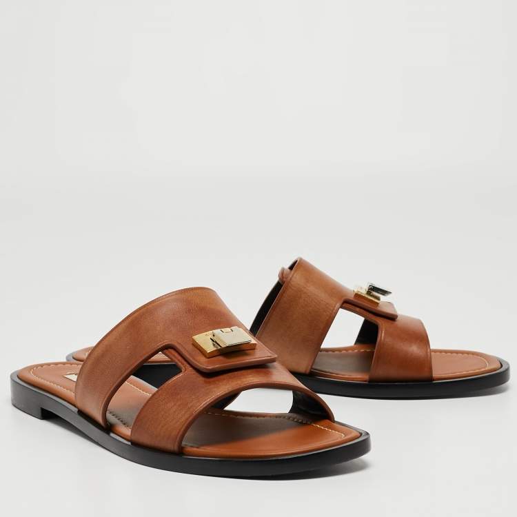 Pre Owned Balenciaga Brown Leather Flip Lock Flat Slides Size 41