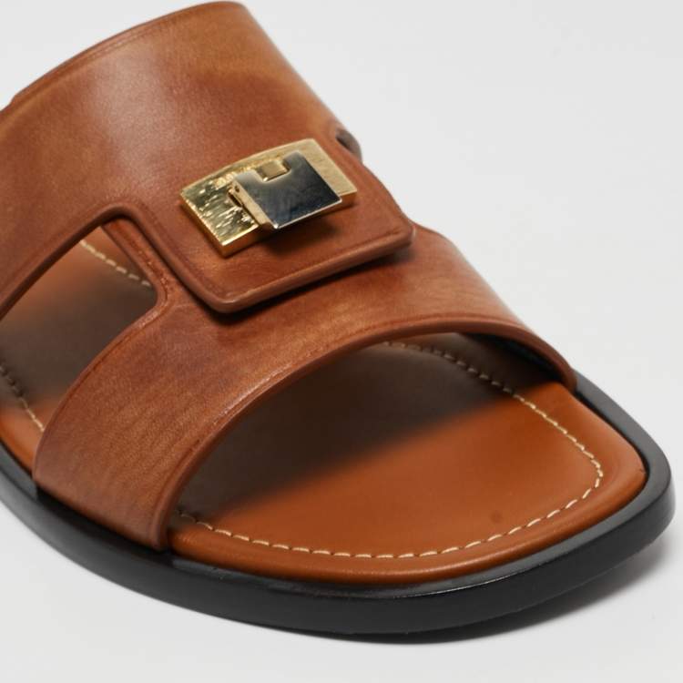 Pre Owned Balenciaga Brown Leather Flip Lock Flat Slides Size 41