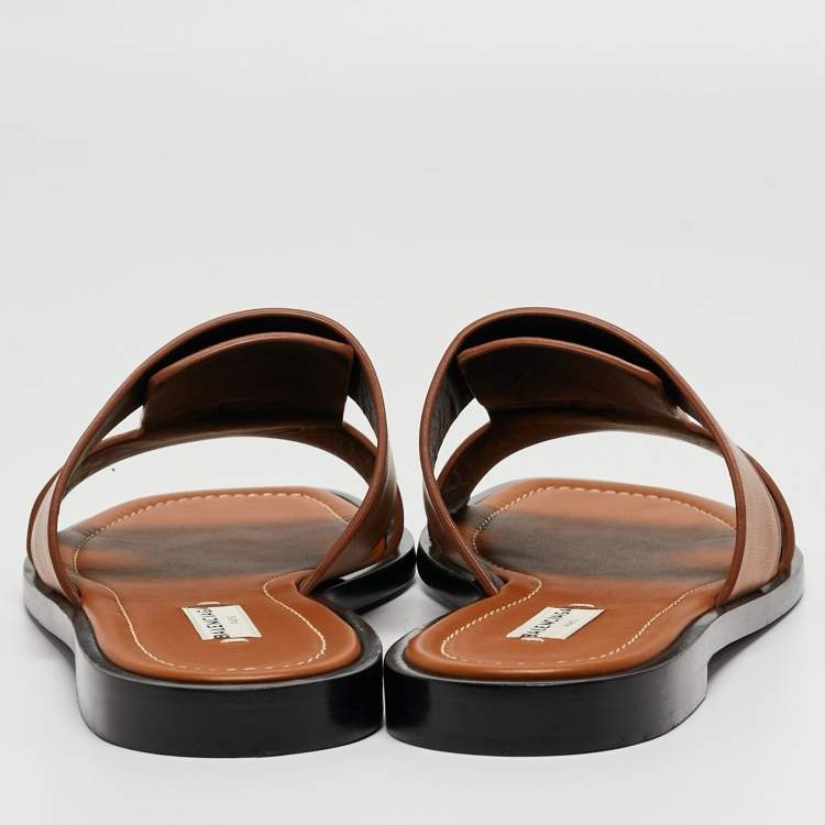 Pre Owned Balenciaga Brown Leather Flip Lock Flat Slides Size 41