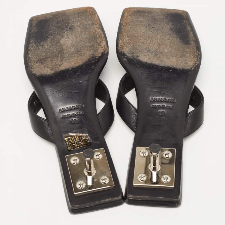 Pre Owned Balenciaga Black Leather Square Toe Thong Slide Sandals Size 39