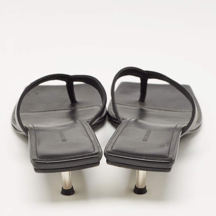 Pre Owned Balenciaga Black Leather Square Toe Thong Slide Sandals Size 39