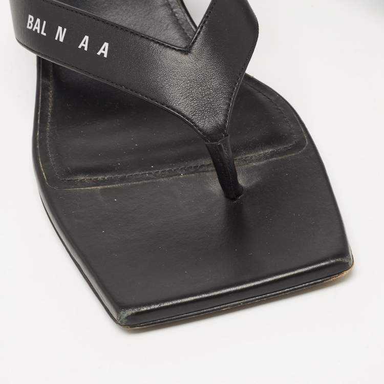 Pre Owned Balenciaga Black Leather Square Toe Thong Slide Sandals Size 39