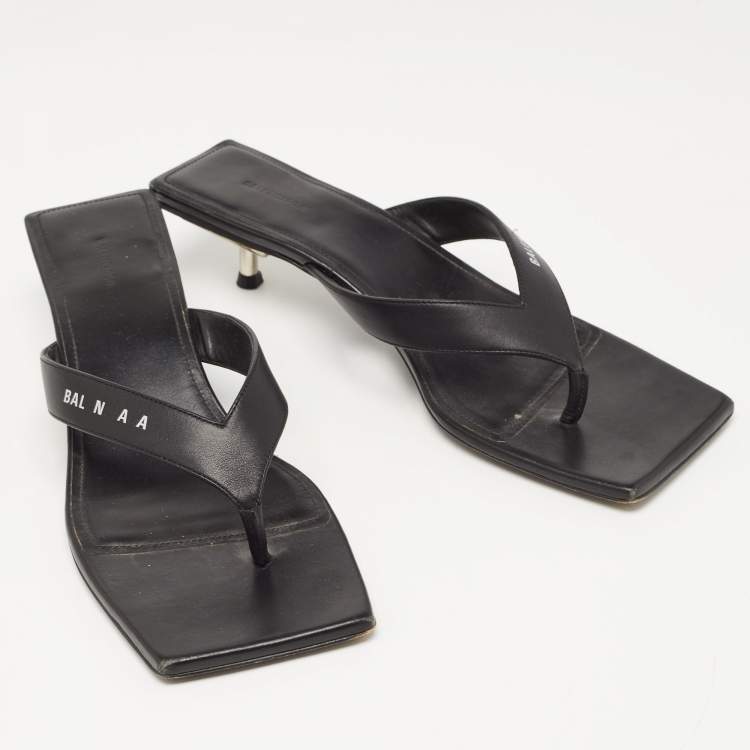 Pre Owned Balenciaga Black Leather Square Toe Thong Slide Sandals Size 39