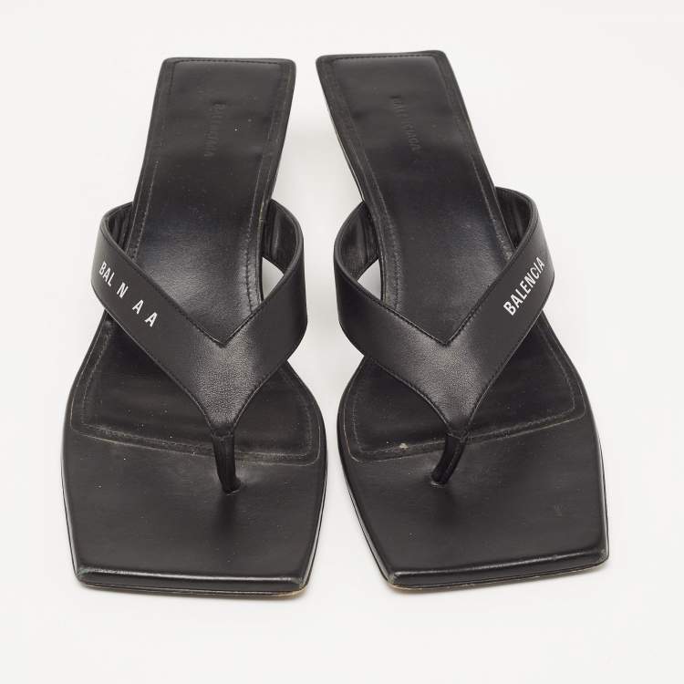 Pre Owned Balenciaga Black Leather Square Toe Thong Slide Sandals Size 39