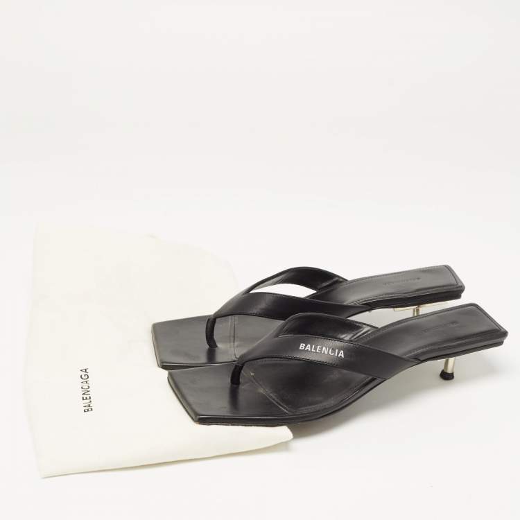 Pre Owned Balenciaga Black Leather Square Toe Thong Slide Sandals Size 39
