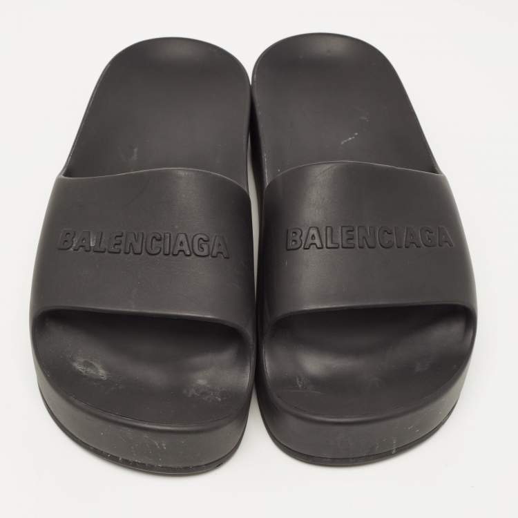 Pre Owned Balenciaga Black Rubber Pool Flat Slides Size 37
