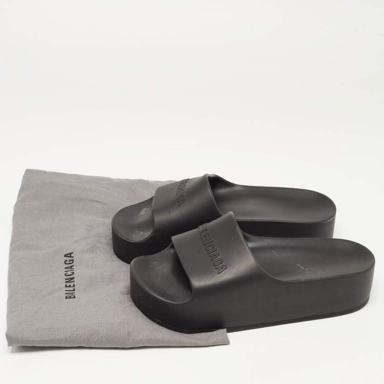 Pre Owned Balenciaga Black Rubber Pool Flat Slides Size 37