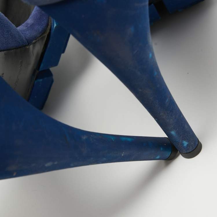 Pre Owned Balenciaga Blue Pleated Suede Platform D'orsay Sandals Size 38