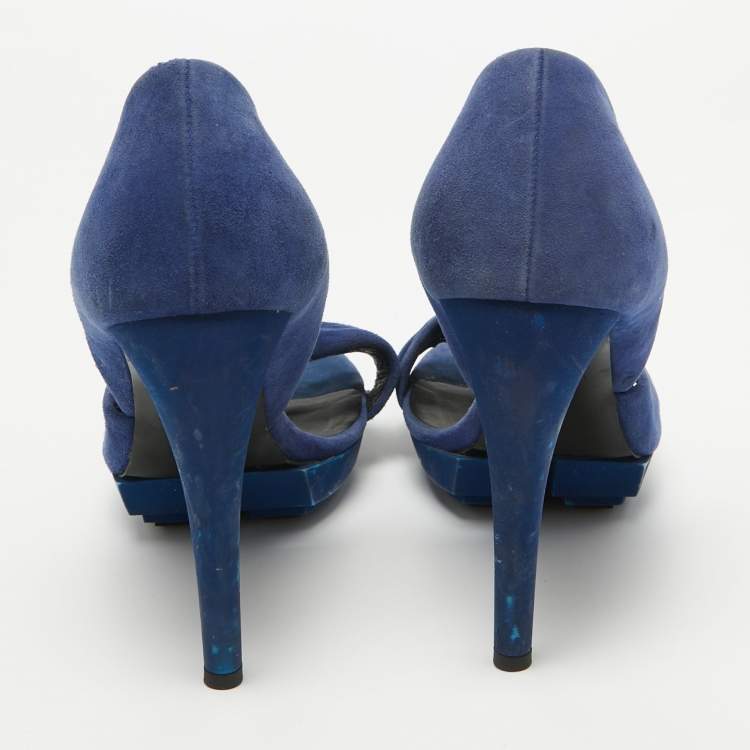 Pre Owned Balenciaga Blue Pleated Suede Platform D'orsay Sandals Size 38