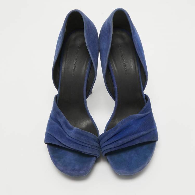 Pre Owned Balenciaga Blue Pleated Suede Platform D'orsay Sandals Size 38