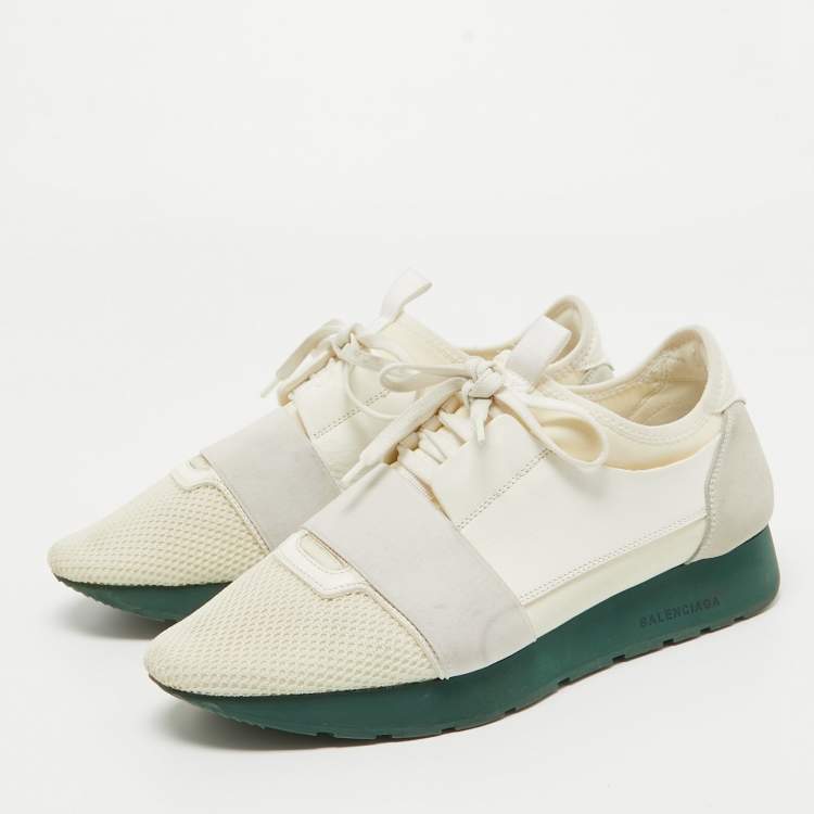 Pre Owned Balenciaga Off White Mesh and Leather Race Runner Sneakers Size 41