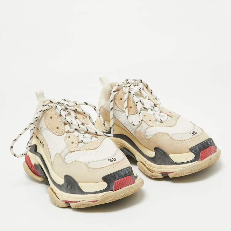 Pre Owned Balenciaga Cream/White Nubuck and Mesh Triple S Sneakers Size 39