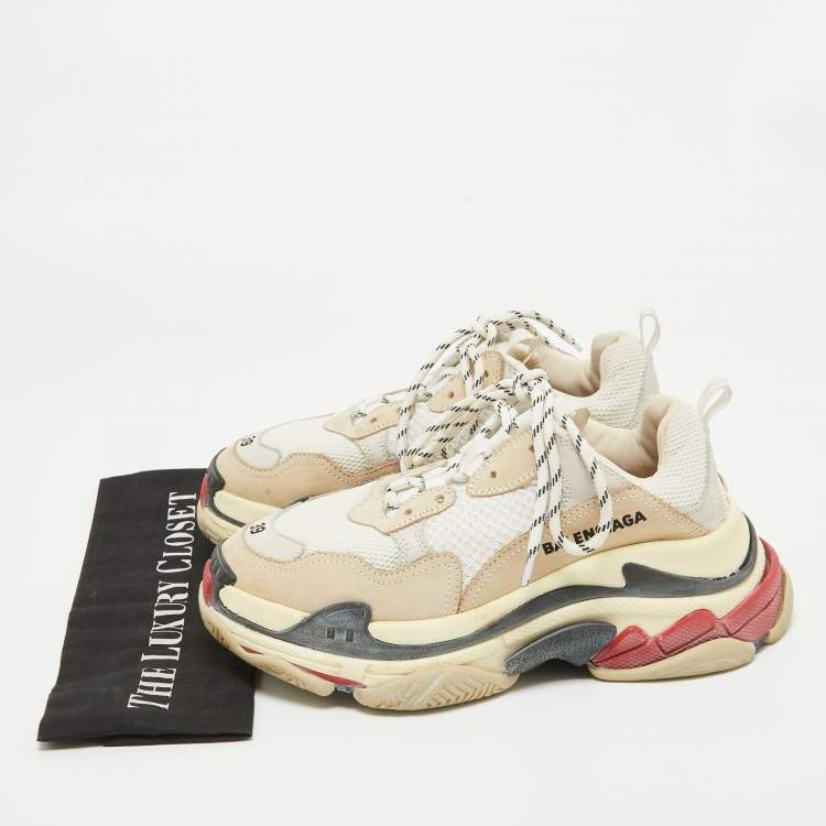 Pre Owned Balenciaga Cream/White Nubuck and Mesh Triple S Sneakers Size 39