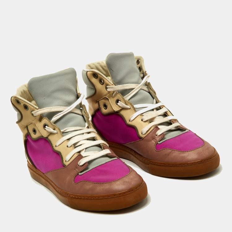 Pre Owned Balenciaga Multicolor Leather And Fabric High Top Sneakers Size 37