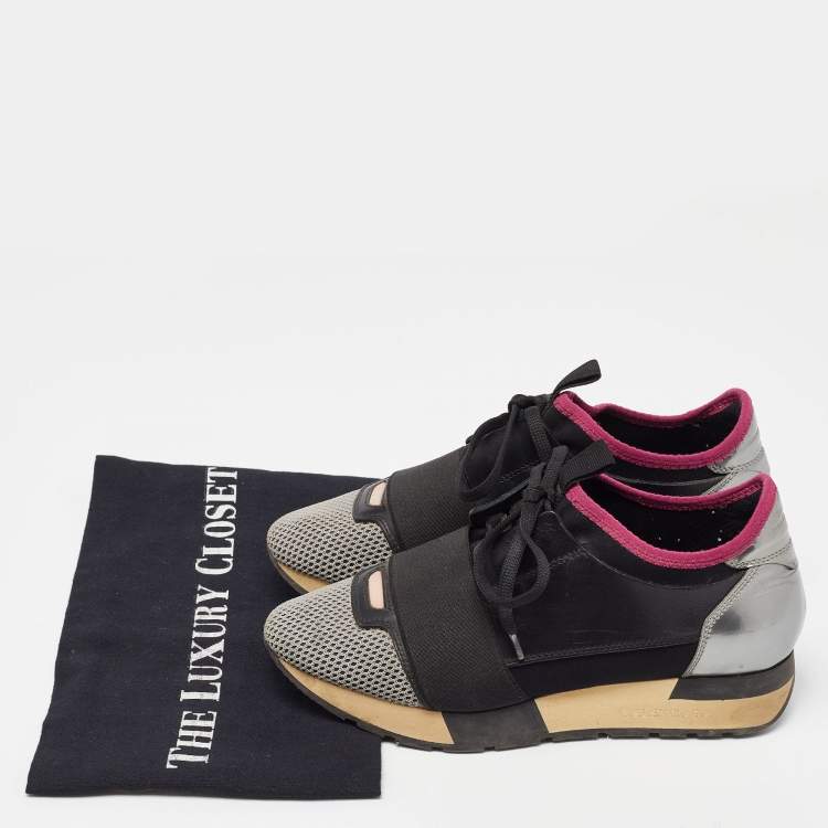 Pre Owned Balenciaga Black Leather and Mesh Race Runner Low Top Sneakers Size 36