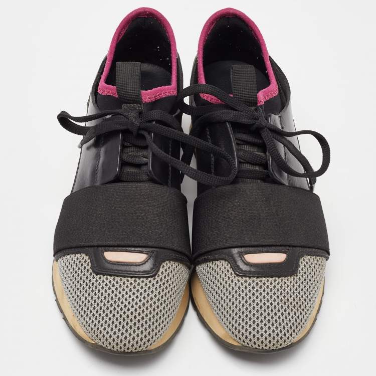 Pre Owned Balenciaga Black Leather and Mesh Race Runner Low Top Sneakers Size 36