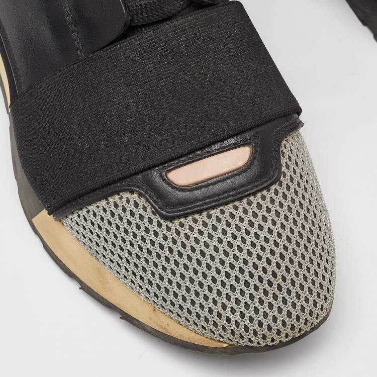 Pre Owned Balenciaga Black Leather and Mesh Race Runner Low Top Sneakers Size 36