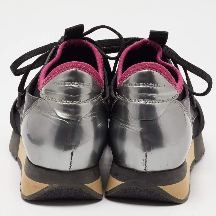 Pre Owned Balenciaga Black Leather and Mesh Race Runner Low Top Sneakers Size 36