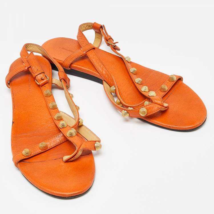 Pre Owned Balenciaga Orange Leather Arena Studded Thong Sandals Size 38.5