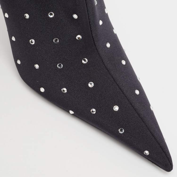 Pre Owned Balenciaga Black Fabric Crystal Embellished Pointed Toe Mid Calf Booties Size 37