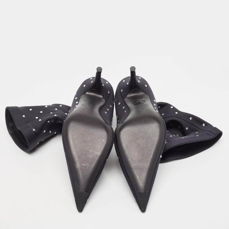 Pre Owned Balenciaga Black Fabric Crystal Embellished Pointed Toe Mid Calf Booties Size 37