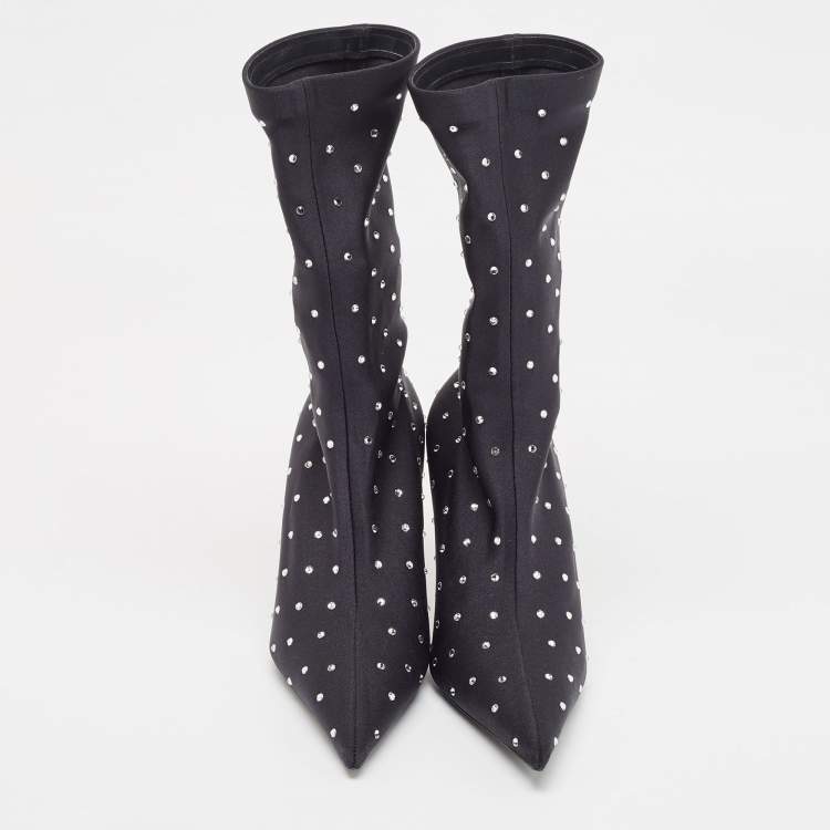 Pre Owned Balenciaga Black Fabric Crystal Embellished Pointed Toe Mid Calf Booties Size 37