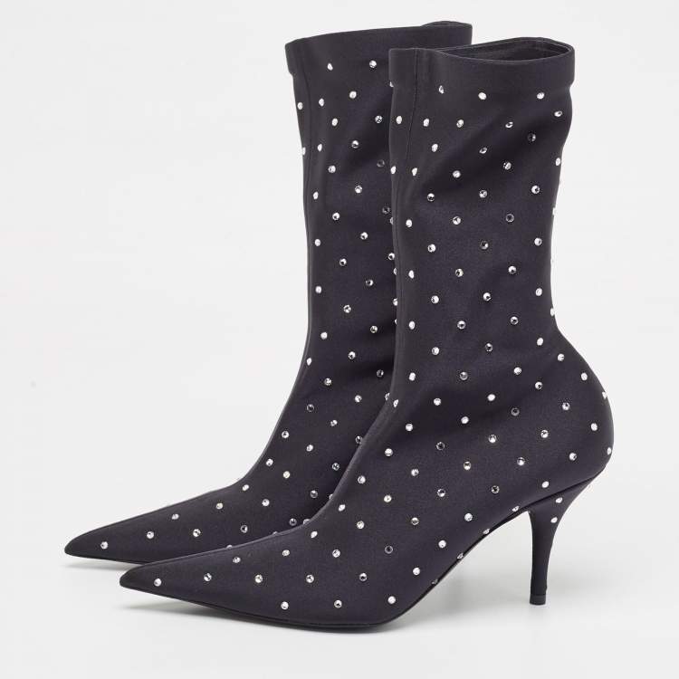 Pre Owned Balenciaga Black Fabric Crystal Embellished Pointed Toe Mid Calf Booties Size 37