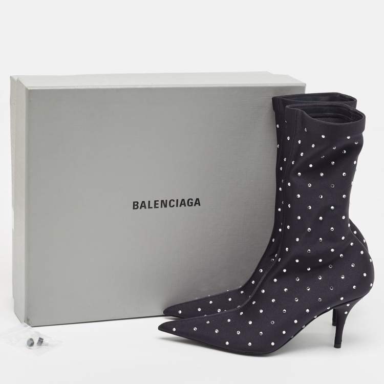 Pre Owned Balenciaga Black Fabric Crystal Embellished Pointed Toe Mid Calf Booties Size 37