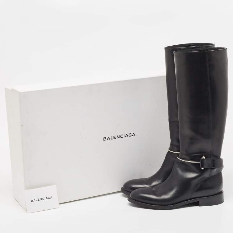 Pre Owned Balenciaga Black Leather Knee Length Boots Size 37