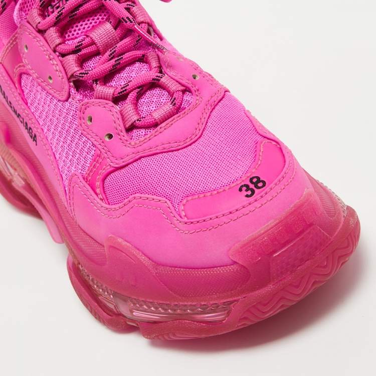 Pre Owned Balenciaga Pink Nubuck Leather and Mesh Triple S Clear Sole Sneakers Size 38