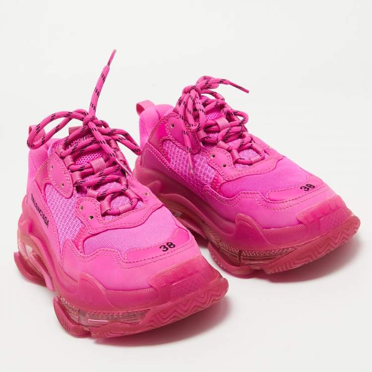 Pre Owned Balenciaga Pink Nubuck Leather and Mesh Triple S Clear Sole Sneakers Size 38