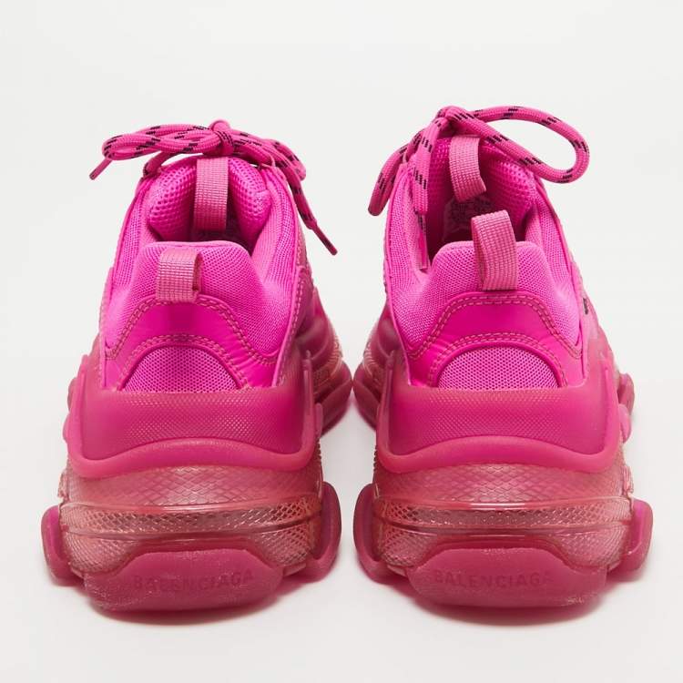 Pre Owned Balenciaga Pink Nubuck Leather and Mesh Triple S Clear Sole Sneakers Size 38