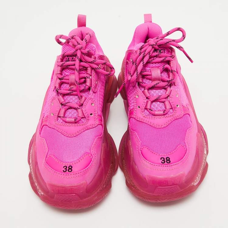 Pre Owned Balenciaga Pink Nubuck Leather and Mesh Triple S Clear Sole Sneakers Size 38