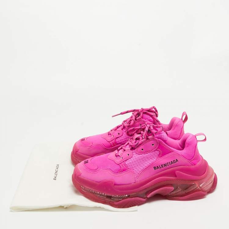 Pre Owned Balenciaga Pink Nubuck Leather and Mesh Triple S Clear Sole Sneakers Size 38