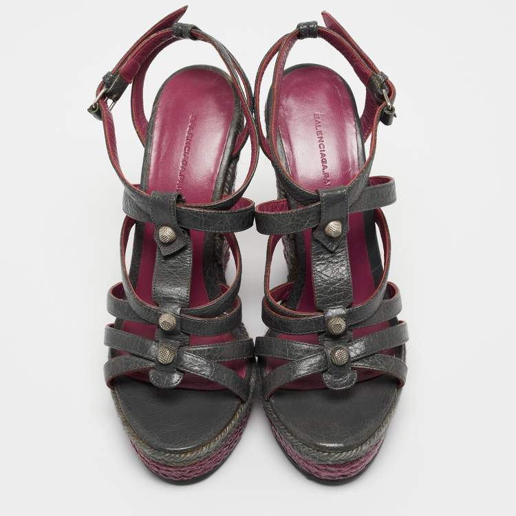 Pre Owned Balenciaga Grey Leather Ankle Strap Wedge Sandals Size 38